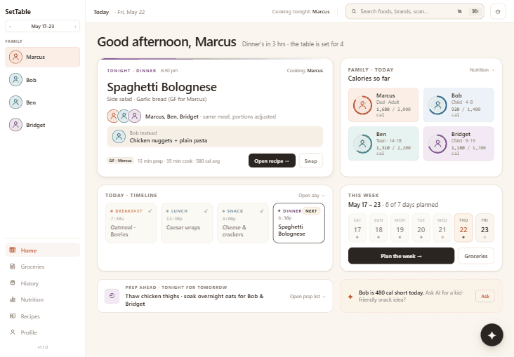 SetTable on iPad — the Today home hub showing tonight's dinner, family nutrition, and the week